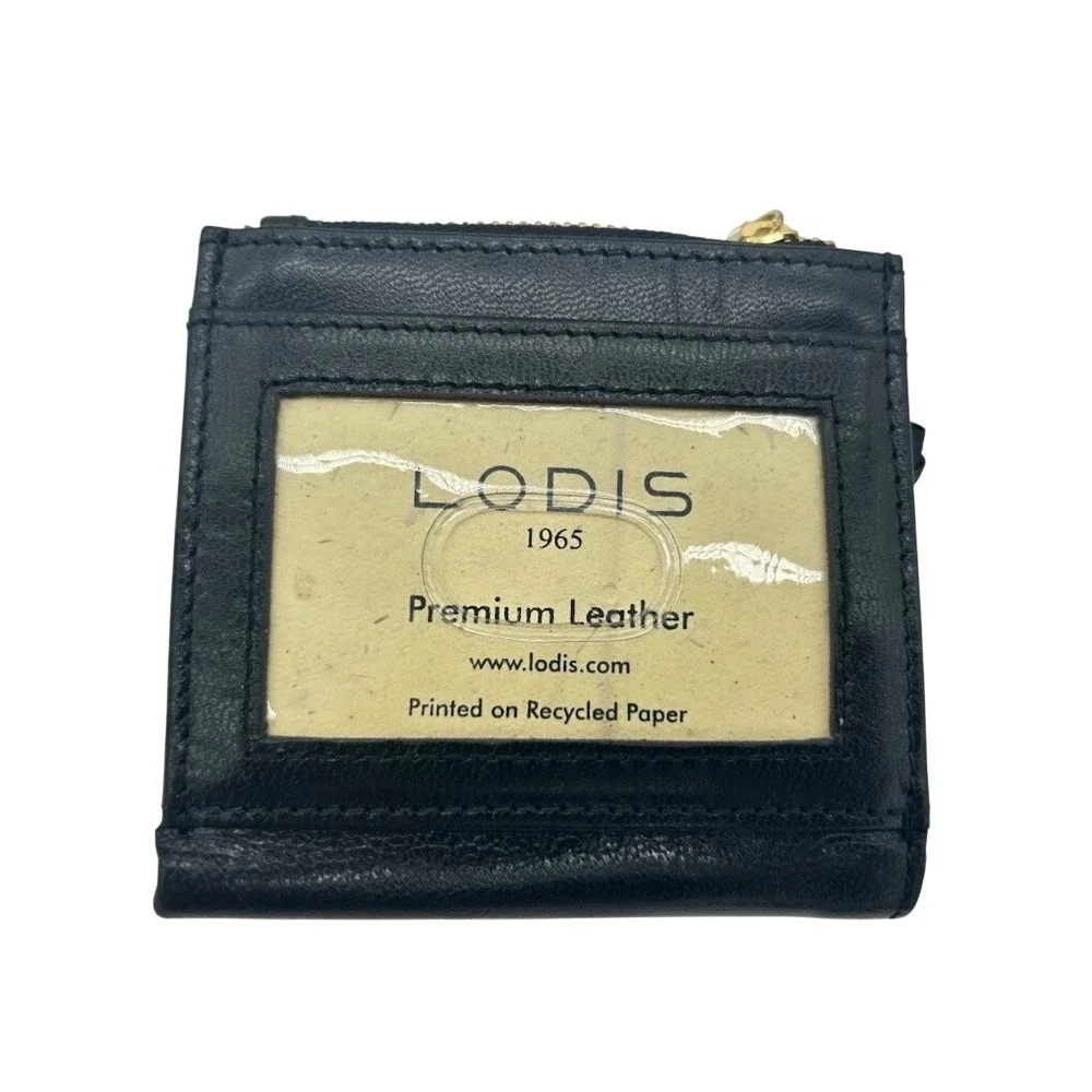 New Lodis Wallet Women's Black Leather Bifold ID Window Gold Zip
